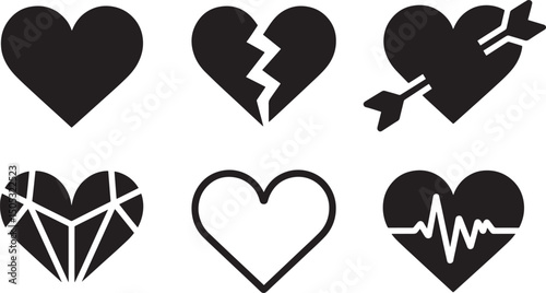 Collection of diverse heart icon illustrations depicting love, emotions, and symbolism