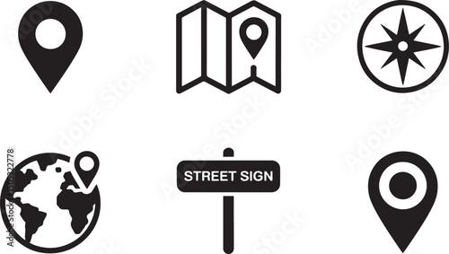 Collection of minimalist navigation and location icons illustrating travel and directional concepts