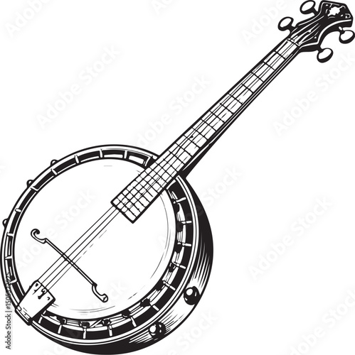 Banjo Musical Instrument Vector Illustration, Sketch Drawing Line Linear Symbol Icon Engraving Coloring Book, Hand-drawn Black and White Isolated