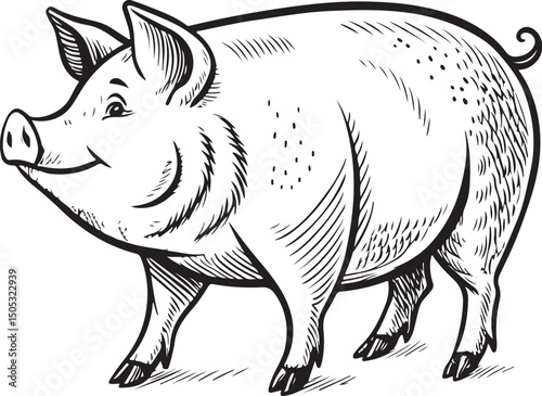Fat Pig Sow Vector Illustration, Sketch Drawing Line Linear Symbol Icon Engraving Coloring Book, Hand-drawn Black and White Isolated