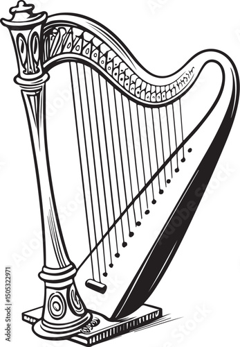 Harp music instrument Vector Illustration, Sketch Drawing Line Linear Symbol Icon Engraving Coloring Book, Hand-drawn Black and White Isolated