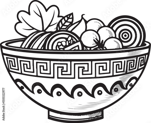 Greek Salad Bowl Vector Illustration, Sketch Drawing Line Linear Symbol Icon Engraving Coloring Book, Hand-drawn Black and White Isolated