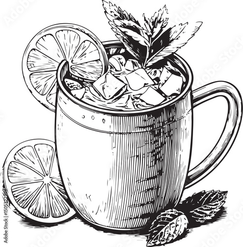 moscow mule cocktail Vector Illustration, Sketch Drawing Line Linear Symbol Icon Engraving Coloring Book, Hand-drawn Black and White Isolated