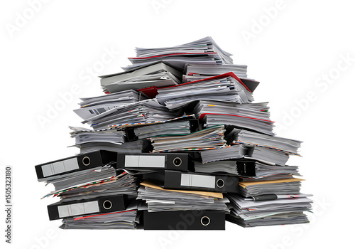 Overwhelming mountain of paperwork with ring binders representing the burden of bureaucracy Isolated on transparent background