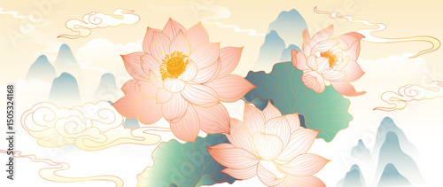 Luxury lotus flower gold line background vector. Elegant pink lotus flowers with oriental lotus flower, leaf, mountain, sun. Design for decor, wallpaper, product, banner, card, backdrop.