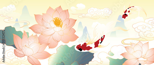 Luxury lotus flower gold line background vector. Elegant pink lotus flowers with oriental lotus flower, leaf, mountain, koi fish. Design for decor, wallpaper, product, banner, card, backdrop.