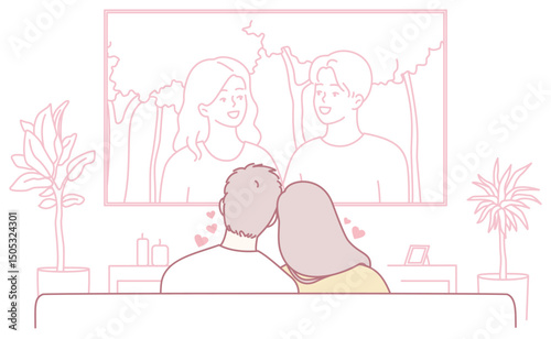 A couple cuddles on a cozy couch watching a romantic movie, surrounded by lush green plants enhancing the vibe