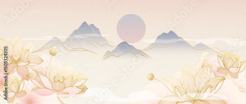 Luxury lotus flower gold line background vector. Elegant pink lotus flowers with oriental lotus flower, leaf, mountain, cloud. Design for decor, wallpaper, product, banner, card, backdrop.