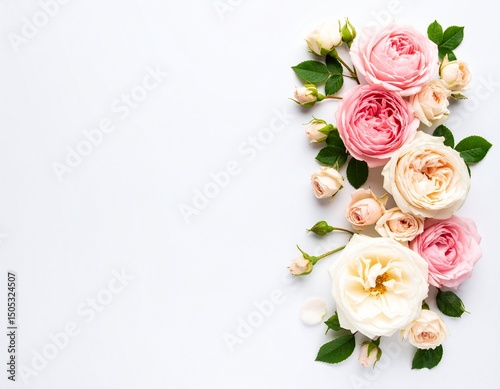 Festive flower English rose composition on the white background. Overhead top view, 