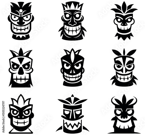 Tiki Mask Vector Icons Bundle – Tribal Polynesian Faces Collection