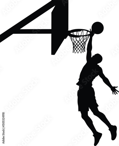 Dynamic action silhouette of a man dunking basketball into the basket