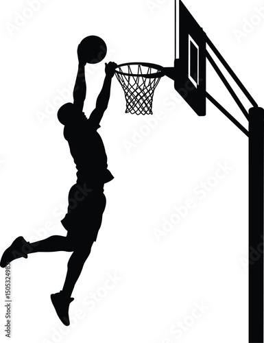 Vector silhouette of basketball player leaping high for slam dunk shot
