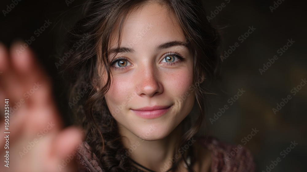 Naklejka premium A peaceful young woman with gentle eyes offers her hand calmly. Her happy face glows with meditative energy.