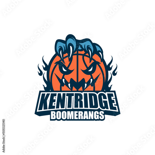 The image showcases nine basketball-themed logo designs for a team called “Kentridge Boomerangs.” Each logo incorporates a basketball with aggressive or supernatural hands, claws, 