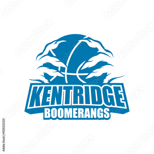 The image showcases nine basketball-themed logo designs for a team called “Kentridge Boomerangs.” Each logo incorporates a basketball with aggressive or supernatural hands, claws, 