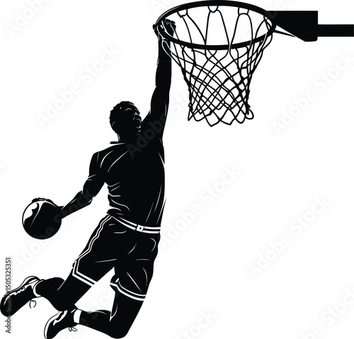 Basketball player silhouette performing a powerful slam dunk into the hoop