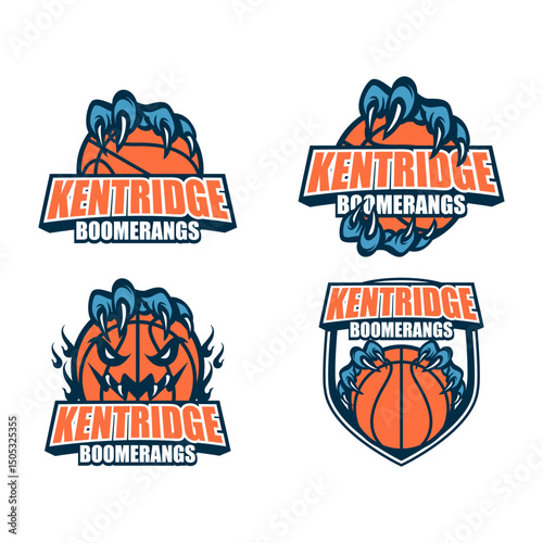 The image showcases nine basketball-themed logo designs for a team called “Kentridge Boomerangs.” Each logo incorporates a basketball with aggressive or supernatural hands, claws, 