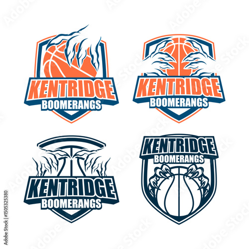 The image showcases nine basketball-themed logo designs for a team called “Kentridge Boomerangs.” Each logo incorporates a basketball with aggressive or supernatural hands, claws, 
