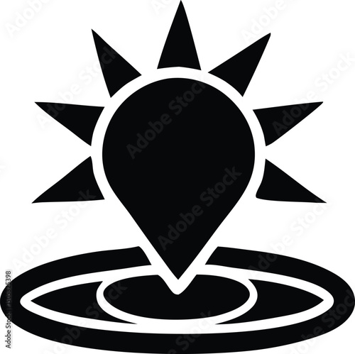 Abstract icon depicting a radiant sun located at a specific point on a map or globe