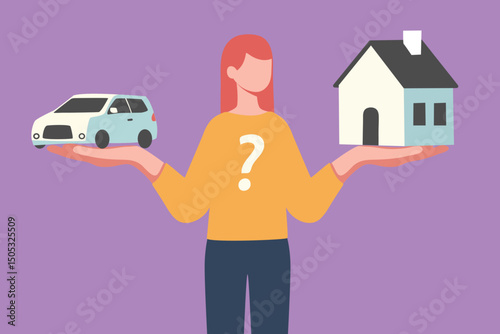 investment decision making, evaluate and calculate concept, stress woman holding car and house in hands. cartoon vector 