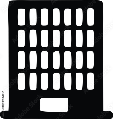 Simple black and white illustration of a multistory building with regularly spaced windows