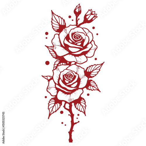 Red Line Drawing Of Rose Blooms