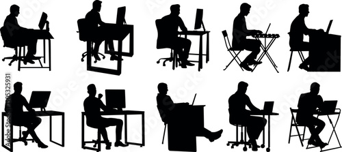 Silhouette of a businessman sitting at a table and working remotely on a laptop or computer. Isolated on white background