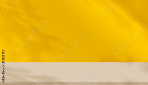 Autumn background,Studio background abstract shadow leaves,soft gradient light yellow wall,brown floor for product design,Yellow background and blurry sunlight,shadow on table for interior wall room