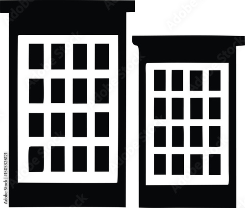Abstract black and white building facade illustration with multiple windows