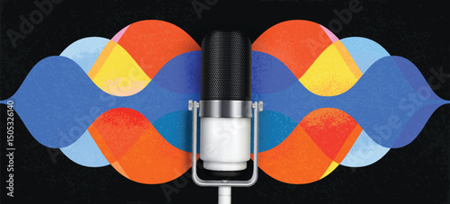 Colorful Podcast Composition with Vintage Microphone