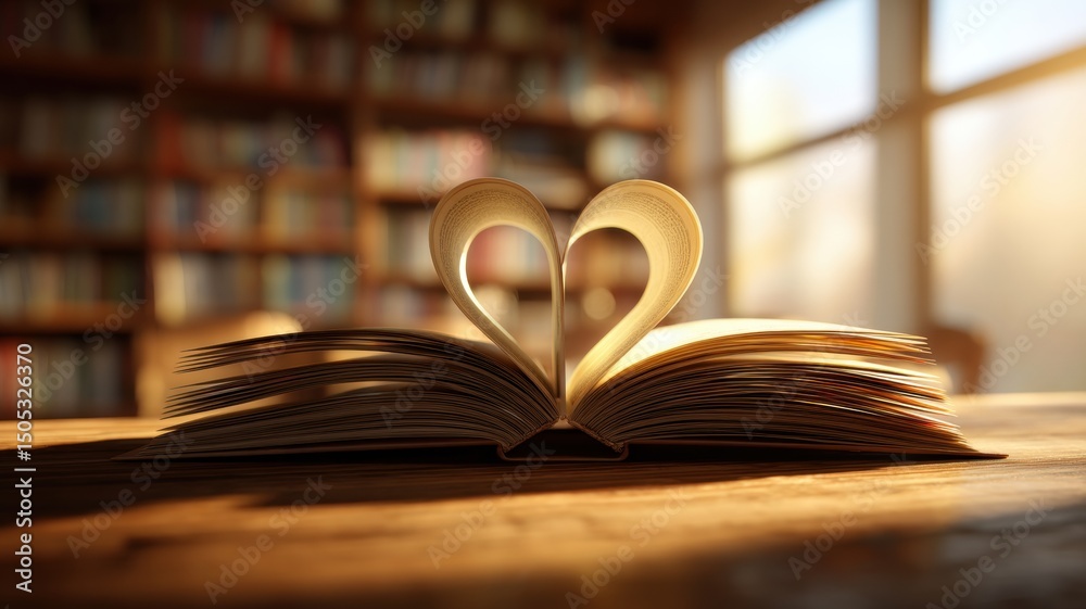 Fototapeta premium An open book forms a heart shape with its pages, set against a cozy library backdrop.