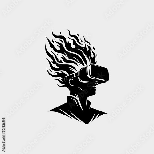 Intense black and white vector logo illustration of a person wearing a VR headset with fiery abstract elements emanating upwards. Technology concept