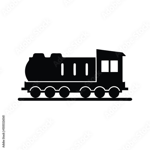 Black silhouette illustration of a classic steam train on rails