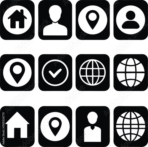 Collection of black and white square icons representing home user location and global network symbols