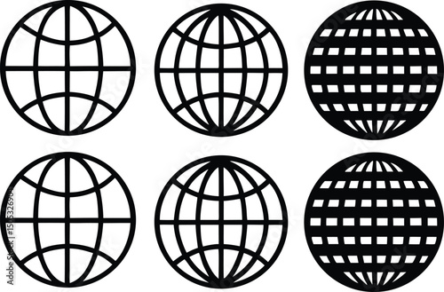 Collection of six black and white globe icons with varying line styles
