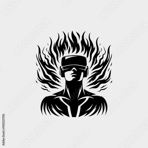 Bold monochrome VR headset logo with abstract fiery energy rays symbolizing cutting-edge technology innovation