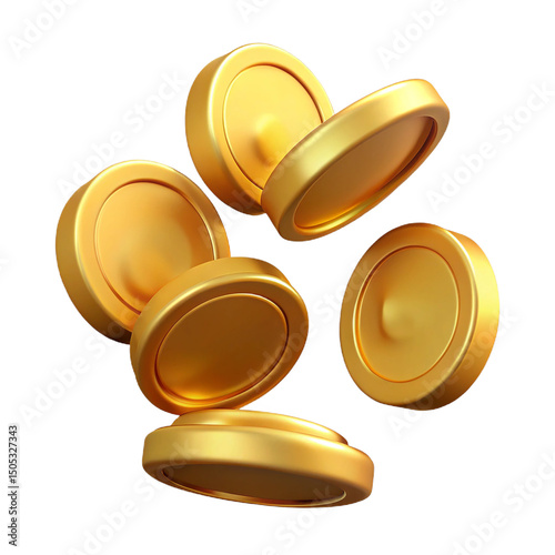 Realistic 3d render of gold coins floating against a transparent background for wealth concepts