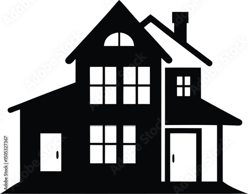 Black and white house silhouette illustration with doors windows and chimney