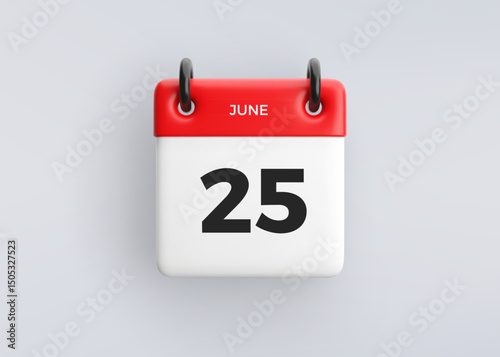 3D calendar icon with date 25 June on grey background. Vector schedule symbol.