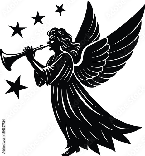 angel blowing trumpet under star silhouette