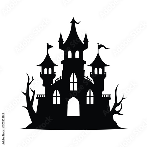 Spooky halloween castle silhouette with bare trees for holiday designs