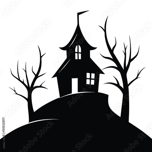 Spooky house silhouette on a hill with bare trees for halloween vector graphic