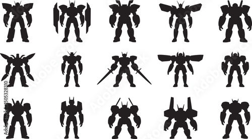 Black silhouette robots in various poses suitable for futuristic science fiction designs