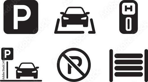 Collection of black and white parking icons displaying parking lot regulations and restrictions