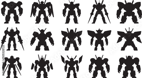 Collection of futuristic robot warrior silhouettes in various poses and designs against white background