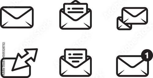 Collection of minimalistic email icon illustrations depicting messages notifications and communication