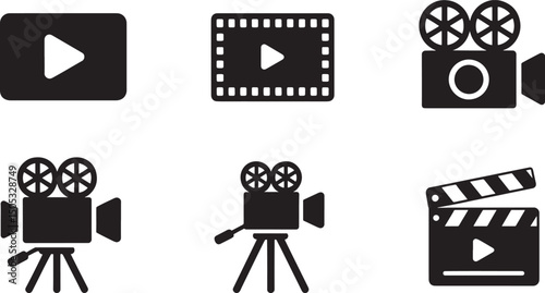 Collection of modern black and white film and video production icon illustrations