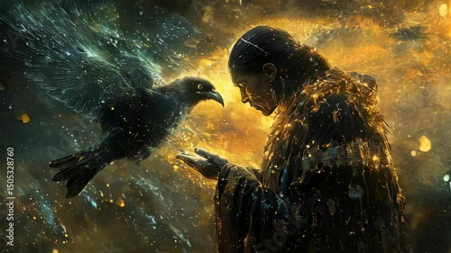 video of The shaman harnesses the energy of the stars, transforming it to journey on a magical rook atop the spirit bird photo