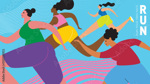 Abstract women runners figures. Vector illustration of group of women, running marathon