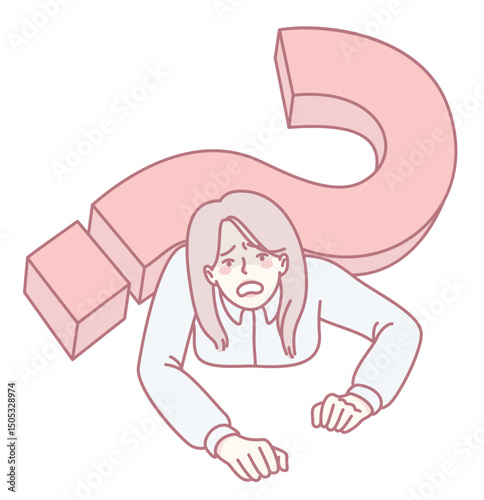 A woman artistically shows her confusion and uncertainty, with a large question mark above her, symbolizing her turmoil